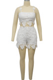 White Sexy Solid Lace Patchwork Spaghetti Strap Sleeveless Two Pieces