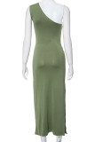 Армейско-зеленые элегантные однотонные лоскутные длинные платья с высоким вырезом и косым воротником