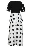 Schwarzes, elegantes Punkt-Patchwork mit Schleife und Reißverschluss, A-Linien-Kleid mit V-Ausschnitt