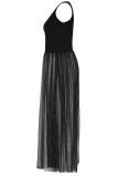 Vestidos longos pretos elegantes com retalhos de bolinhas em malha transparente com decote em U