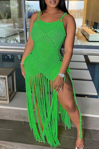 Groene sexy effen kwastje uitgeholde patchwork spaghetti-sling-jurken