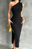 Zwarte elegante effen patchwork hoge opening schuine kraag lange jurken