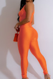 Tangerine Red Street Solid Patchwork Skinny Jumpsuits med sned krage