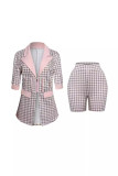 Blue Street Print Patchwork Zipper Turn-back Collar Half Sleeve Two Pieces Blazer Tops And Shorts Set