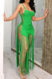 Groene sexy effen kwastje uitgeholde patchwork spaghetti-sling-jurken
