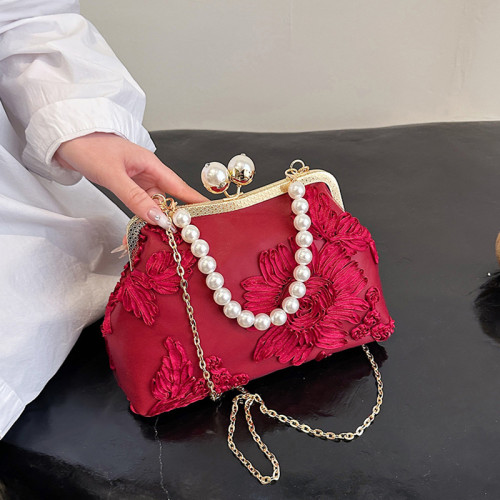 Weinlese-elegante Blumen-Perlen-Falttaschen in Burgunderrot
