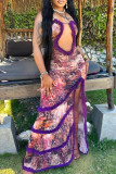 Пурпурные элегантные прозрачные лоскутные платья с открытыми плечами и сетчатыми бретелями с высоким вырезом и принтом