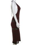 Red Street Striped Bandage Patchwork See-through Backless V Neck Wrapped Skirt Dresses