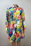 Multicolor Street Color Block Patchwork Buckle Turndown Collar A Line Plus Size Dresses