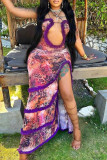 Púrpura Elegante Estampado Ahuecado Patchwork Transparente Abertura alta Malla Spaghetti Strap Sling Vestidos