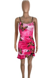 Pink Casual Print Patchwork Draw String Backless Spaghetti Strap Sling Dresses