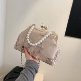 Burgundy Vintage Elegant Flowers Pearl Fold Bags