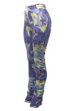 violette, legere, bedruckte Patchwork-Hose mit Tunnelzug und Kordelzug, schmale, hohe Taille, Bleistift-Volldruck-Hose