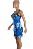 Blue Casual Print Patchwork Draw String Backless Spaghetti Strap Sling Dresses
