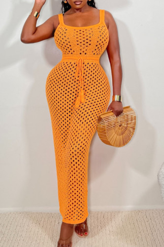 Orange Sexy Celebrities Solid Bandage Hollowed Out Patchwork Slit Swimwears Cover Up