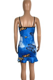Blue Casual Print Patchwork Draw String Backless Spaghetti Strap Sling Dresses
