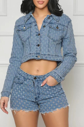Light Blue Celebrities Solid Ripped Patchwork Pocket Buckle Turndown Collar Long Sleeve Two Pieces