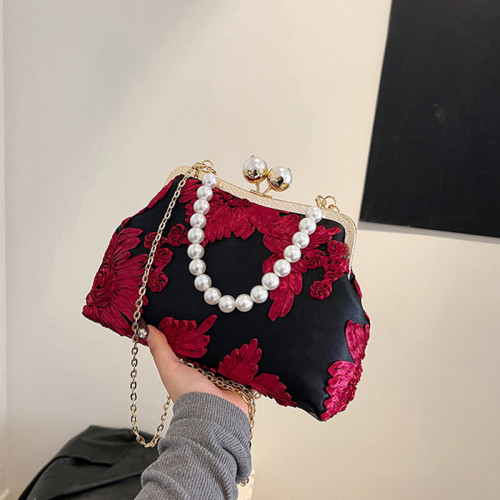 Sacs pliables en perles avec fleurs élégantes vintage, noir et rouge