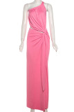 Розовые уличные однотонные длинные платья с косым воротником и аппликациями в стиле пэчворк с высоким открытием и косым воротником
