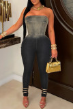 Black Vintage Celebrities Gradient Patchwork Zipper Strapless Sleeveless Ombre Washed Skinny Denim Jumpsuits