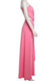 Roze straat effen bandage uitgeholde patchwork hoge opening vouw schuine kraag lange jurken