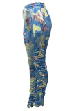 Pantalones con estampado casual y estampado de patchwork con cordón y pliegues ajustados de cintura alta con estampado completo azul cielo