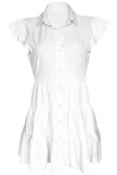White Sweet Solid Patchwork Buckle Turndown Collar A Line Dresses