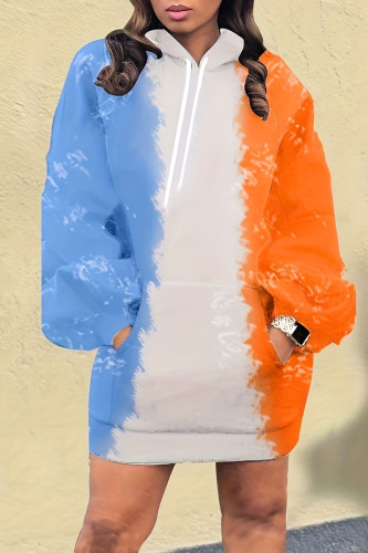 Weiße, lässige Farbblock-Patchwork-Kleider mit Kordelzug und Kapuzenkragen und geradem Schnitt