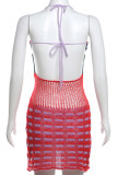 Red Street Hollowed Out Patchwork See-through Weave Halter Wrapped Skirt Dresses