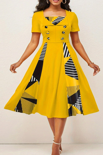 Gelbe, elegant bedruckte Patchwork-Kleider mit quadratischem Kragen in A-Linie in Übergröße
