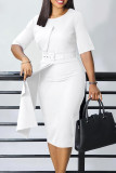 Weiße, elegante, solide Patchwork-Kleider mit Schlitz und Gürtel, O-Ausschnitt und Wickelrock