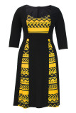 Zwarte elegante print patchwork rits vierkante kraag A-lijn grote maten jurken