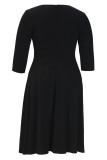 ブラックのエレガントなプリント パッチワーク ジッパー スクエア カラー A ライン プラス サイズ ドレス