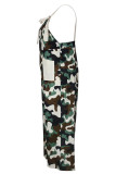 Eleganter Overall in Armeegrün mit Camouflage-Print und Patchwork-Tasche in Übergröße