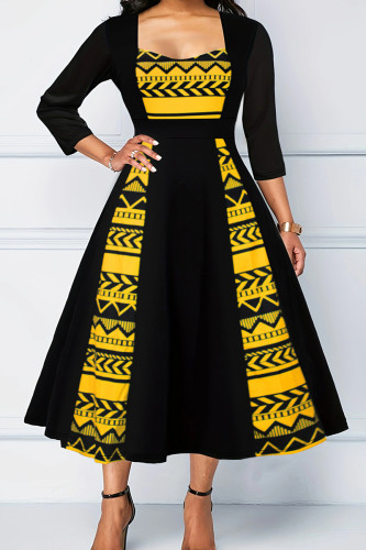 Zwarte elegante print patchwork rits vierkante kraag A-lijn grote maten jurken