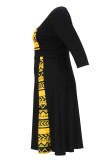 ブラックのエレガントなプリント パッチワーク ジッパー スクエア カラー A ライン プラス サイズ ドレス