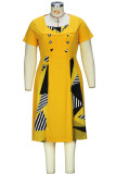 黄色のエレガントなプリント パッチワーク スクエア カラー A ライン プラス サイズ ドレス