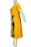 Amarelo Elegante Estampa Patchwork Colar Quadrado Uma Linha Vestidos Plus Size