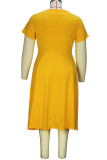 Orangefarbenes, elegant bedrucktes Patchwork-Kleid mit quadratischem Kragen in A-Linie in Übergröße