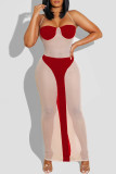 Red Sexy Bandage Hollowed Out Patchwork Backless Halter Long Dresses