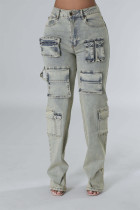 Baby Blue Casual Solid Patchwork Pocket Buttons Zipper Mid Waist Straight Cargo Denim Jeans