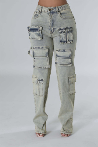 Голубые повседневные однотонные лоскутные прямые джинсовые джинсы с карманами и молнией со средней талией