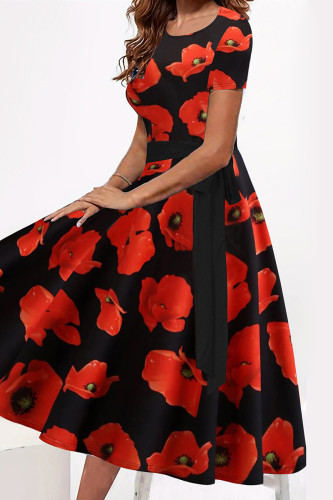 Черно-красные элегантные лоскутные платья с круглым вырезом и принтом больших размеров