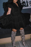 Black Sweet Solid Patchwork Buckle Fold Shirt Collar Cake Skirt Dresses