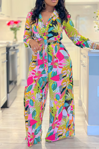 Fruit Green Elegant Floral Print Bandage Patchwork Shirt Collar Long Sleeve Two Pieces Front Tie Blouse Tops And Wide Leg Pants Sets