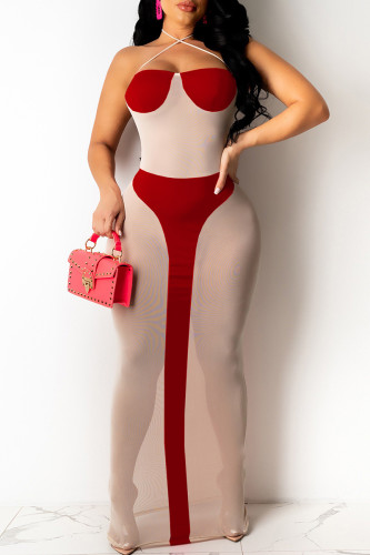 Красные сексуальные повязки с выдолбленными лоскутными длинными платьями с открытой спиной и лямкой на шее