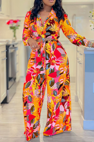 Yellow Elegant Floral Print Bandage Patchwork Shirt Collar Long Sleeve Two Pieces Front Tie Blouse Tops And Wide Leg Pants Sets