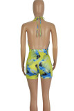 Blue Yellow Sexy Print Bandage Patchwork Backless Halter Skinny Rompers