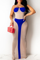 Blauwe sexy bandage uitgeholde patchwork backless halter lange jurken