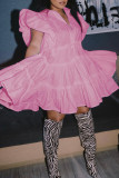 Pink Sweet Solid Patchwork Buckle Fold Shirt Collar Cake Skirt Dresses